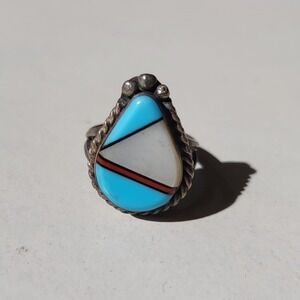 Vintage 925 Sterling Inlay Ring Turquoise Southwestern Boho Size 7.5 Navajo